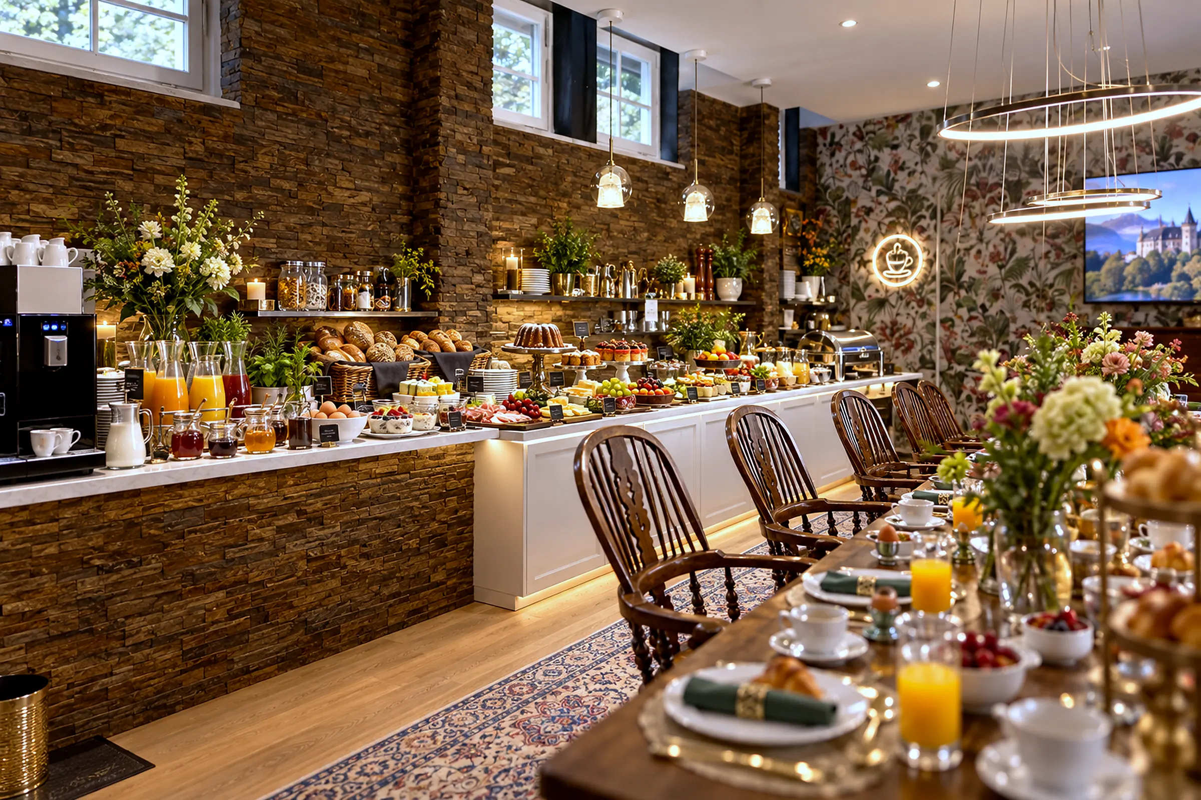Frühstücksbuffet mit Brotkörben, Etageren und Obst