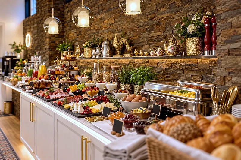 Die Theke des Frühstücksbuffets