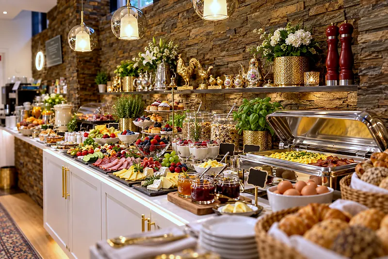 Die Theke des Frühstücksbuffets, zweite Ansicht