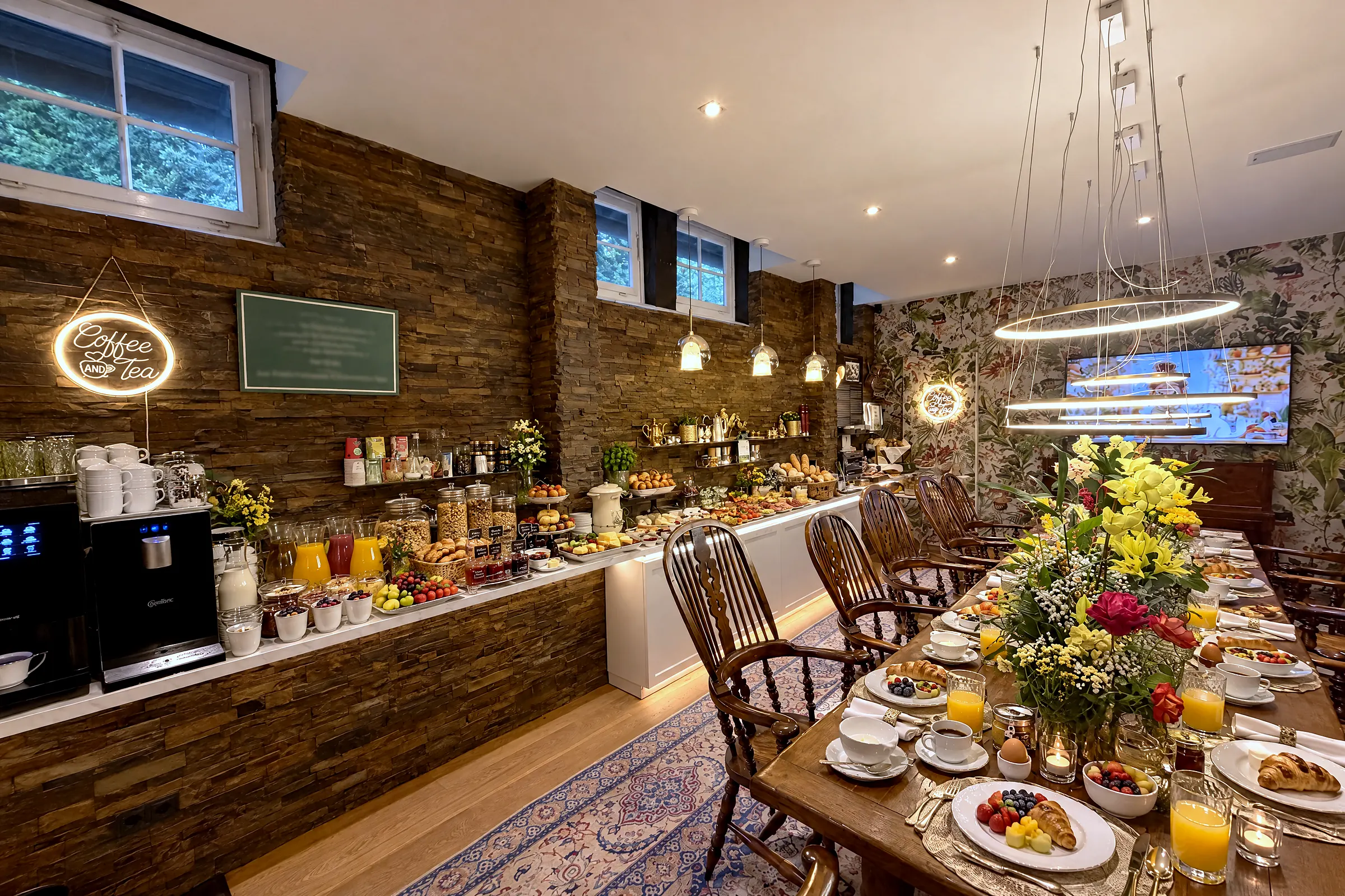 Die lange Frühstückstafel mit Blumen und Kerzen vor der Buffettheke
